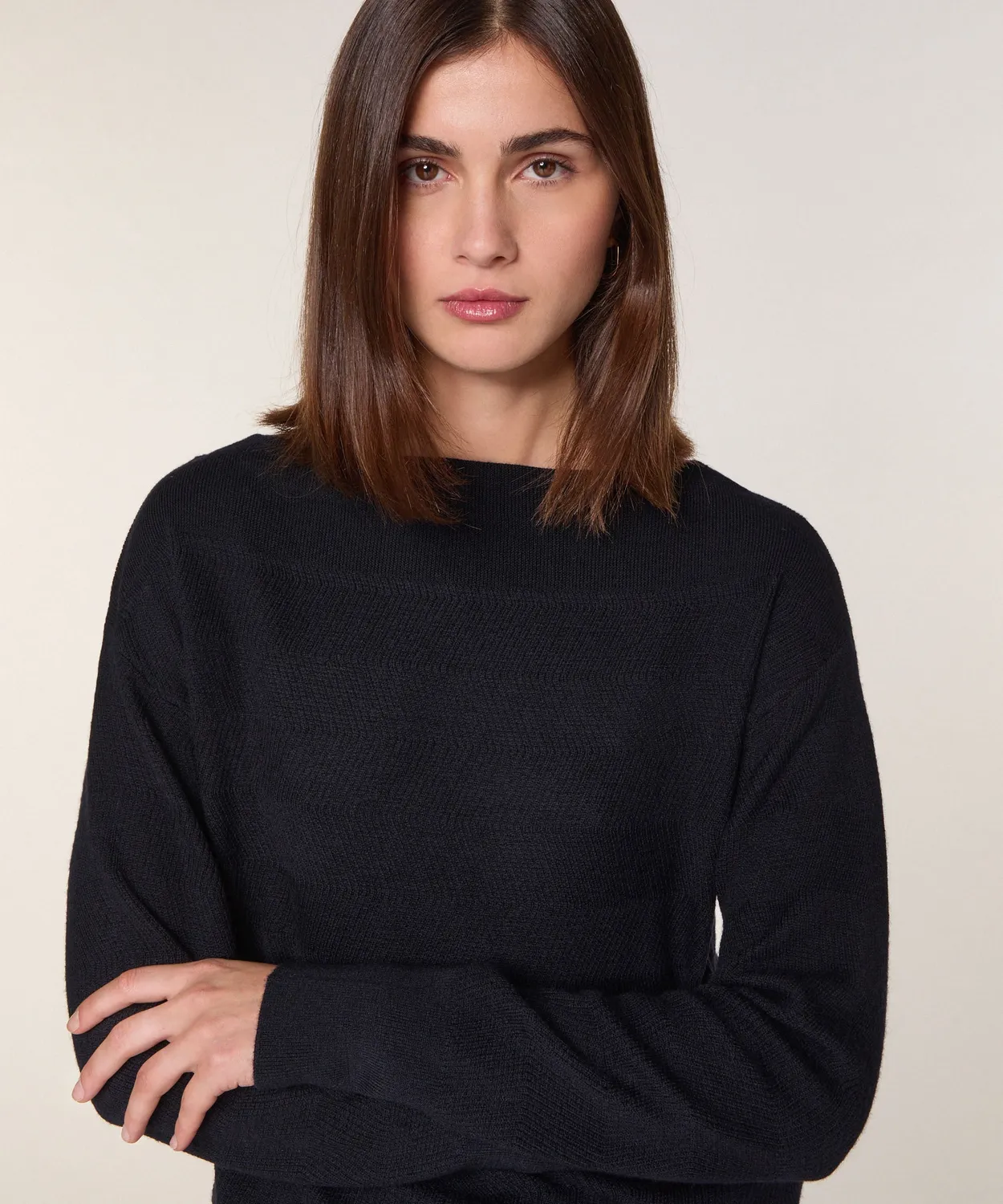 Rodier Maglione Barchetta Lana Merino Nero chevron