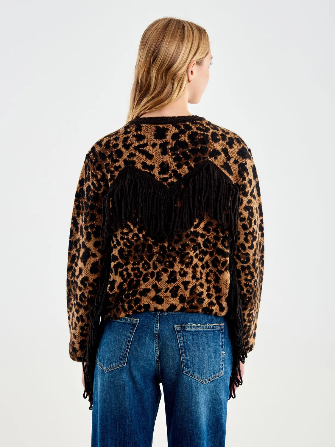 Vicolo cardigan leopardato con frange nero