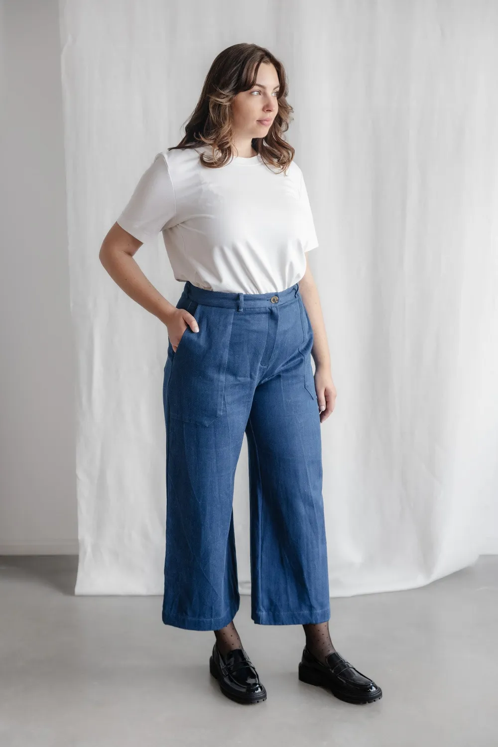 Jyoti Fair Works Damini pantaloni denim cotone gamba larga