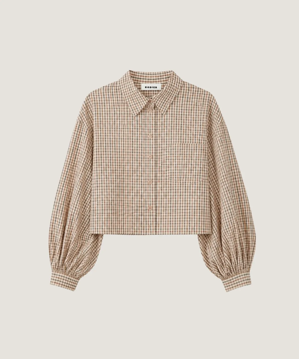Rodier camicia corta quadri beige maniche sbuffo