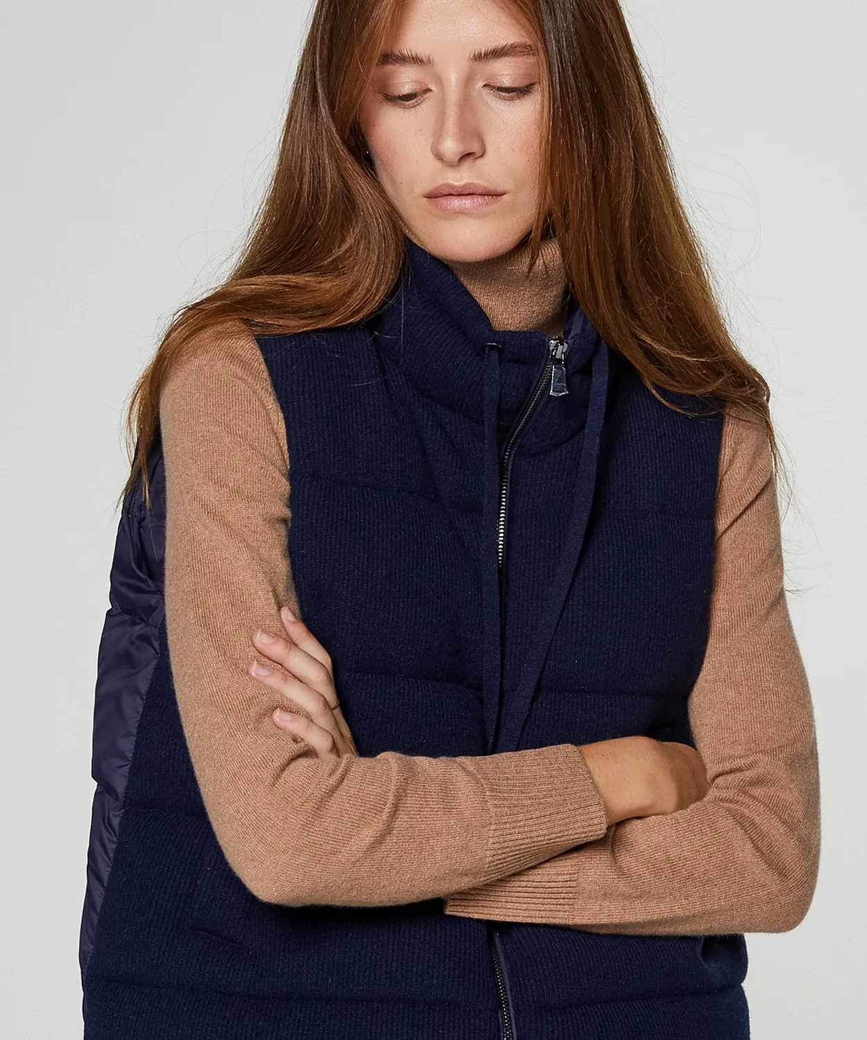 Rodier piumino smanicato cashmere blu marino trapunta