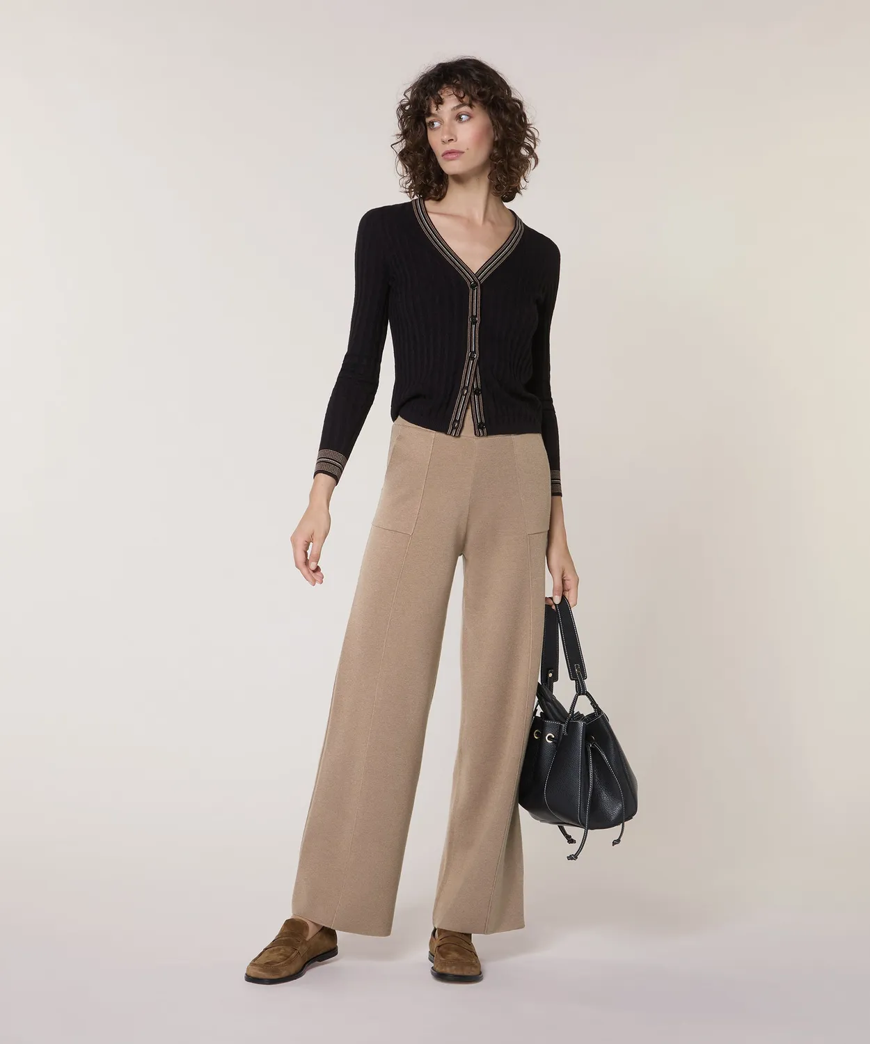 Rodier Pantaloni Larghi Maglia Marrone Moka Vita Elastica