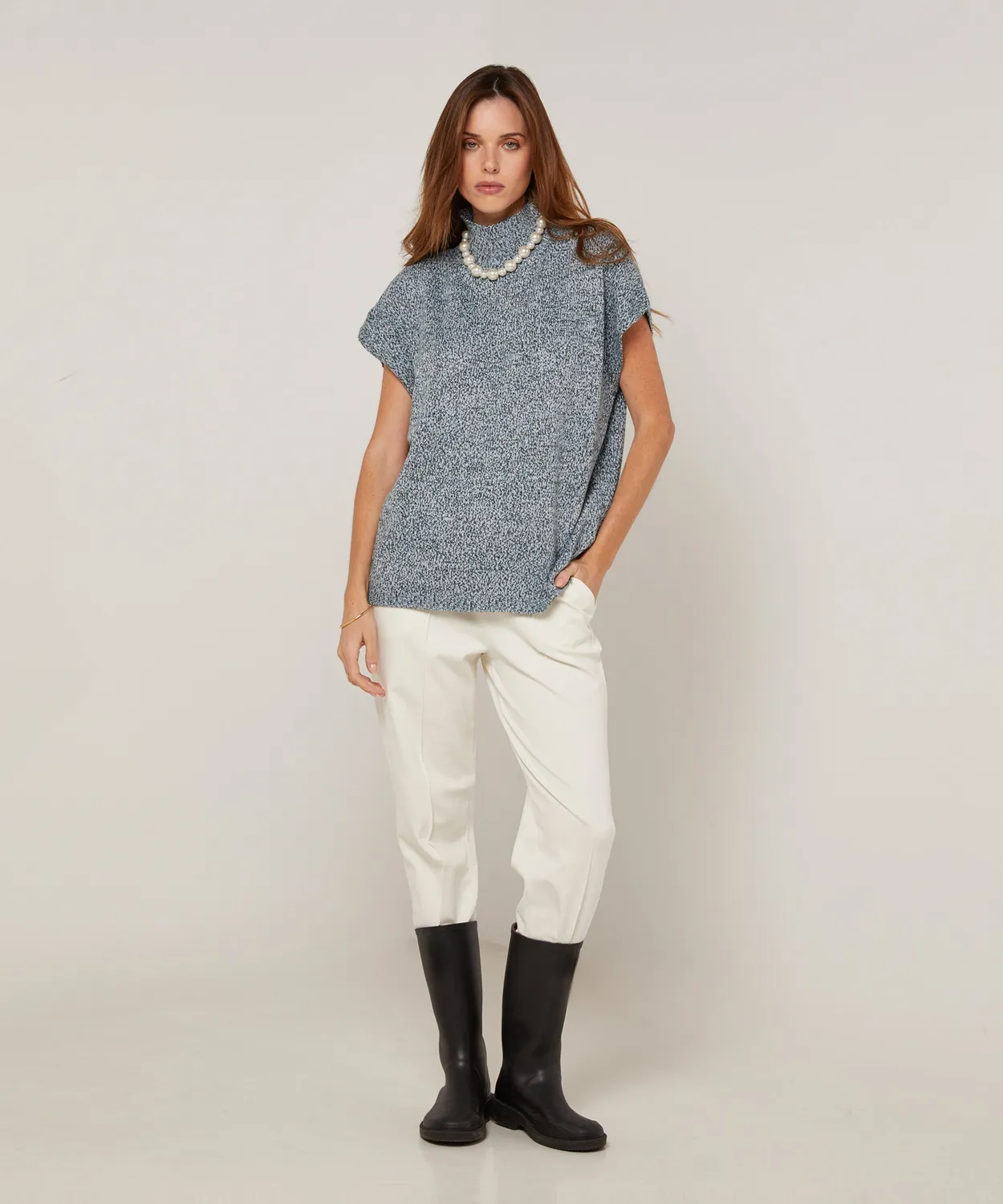 Rodier Erica maglione lungo collo alto maniche corte blu