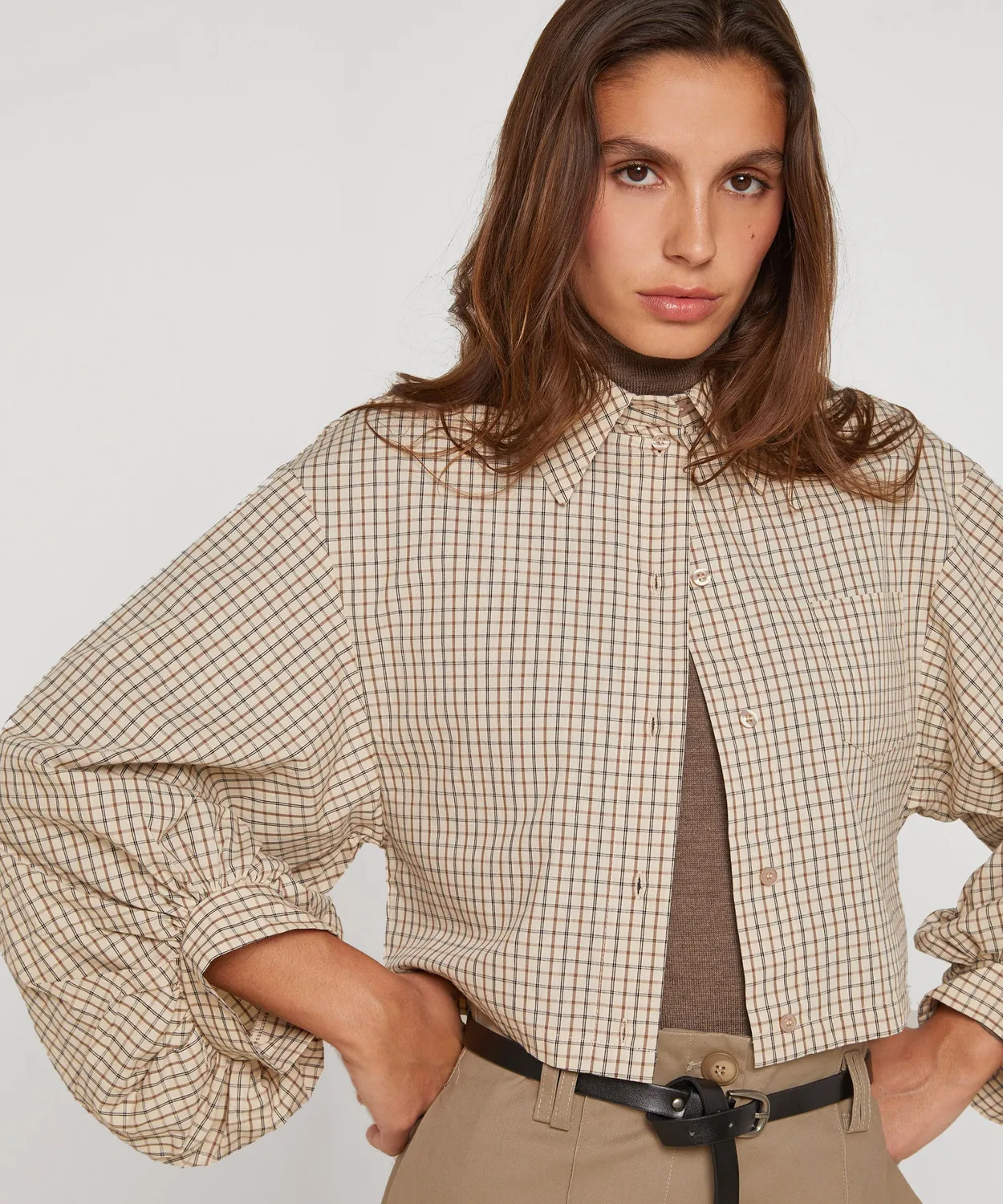 Rodier camicia corta quadri beige maniche sbuffo