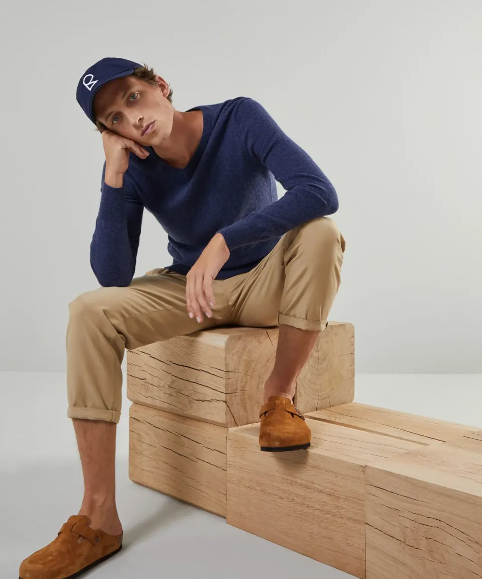 Rodier maglione V uomo cashmere blu denim