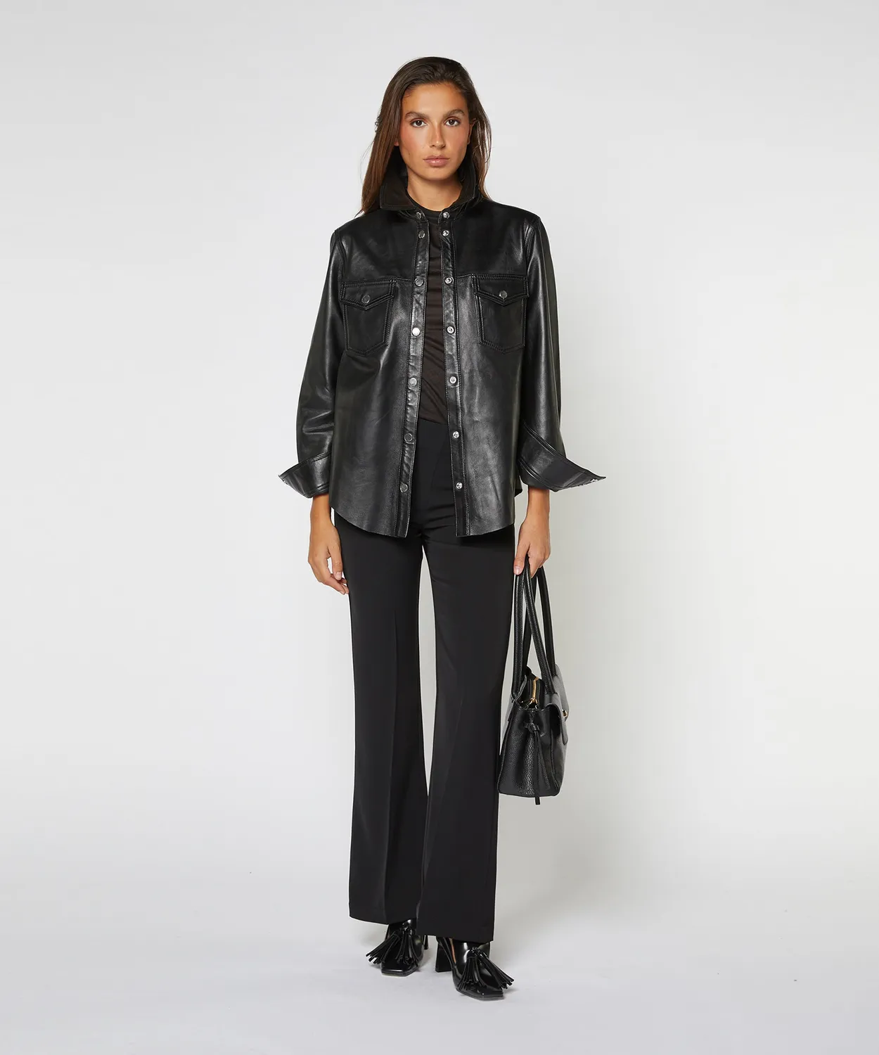 Rodier Camicia Pelle Nera Agnello Tasche Bottoni