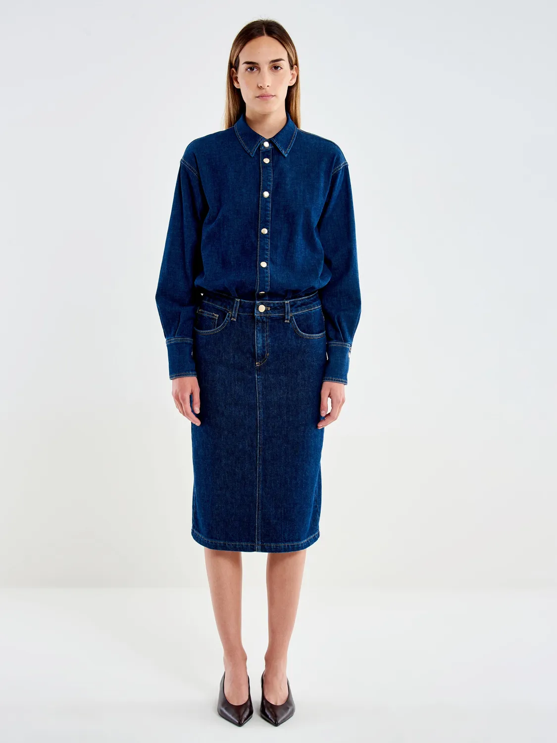 Vicolo abito longuette denim blu elasticizzato con spacco