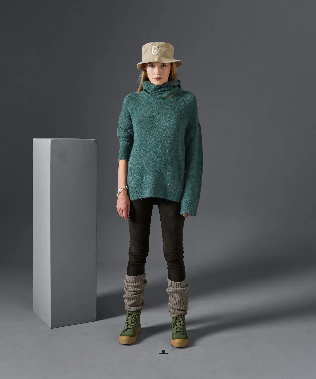Rodier Maglione Lungo Dolcevita Removibile Verde Grigio Misto Lana
