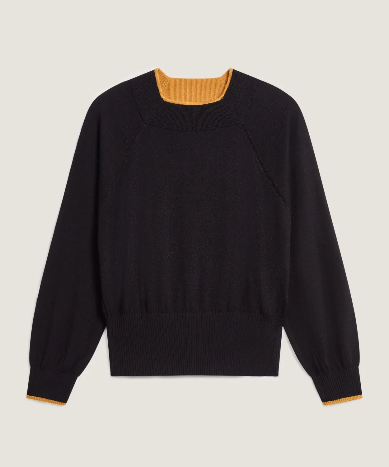 Rodier Maglione Girocollo Lana Merino Nero Maniche Raglan