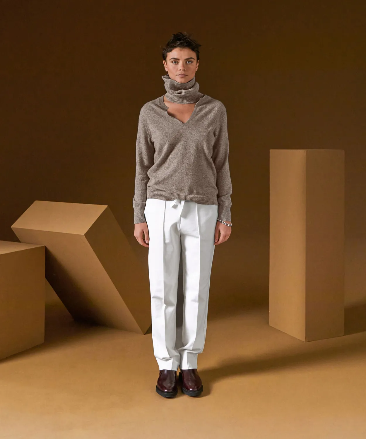 Rodier Maglione Cashmere Collo Tunisino Tortora