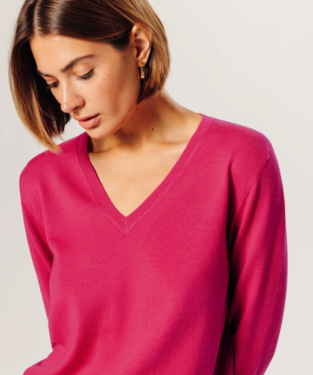 Rodier Maglione scollo a V merino rosa calibro 12