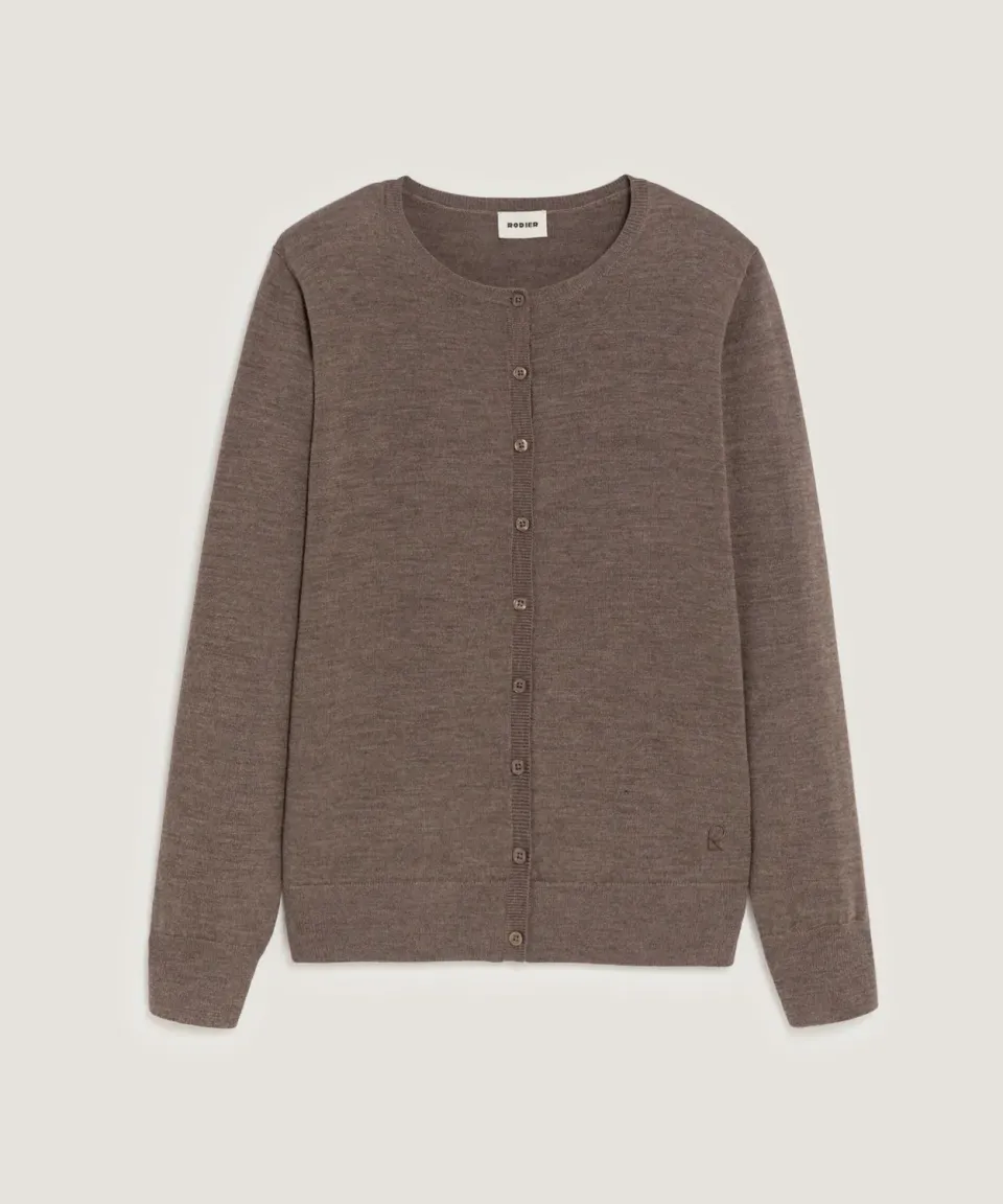 Rodier cardigan lana merino girocollo marrone tortora
