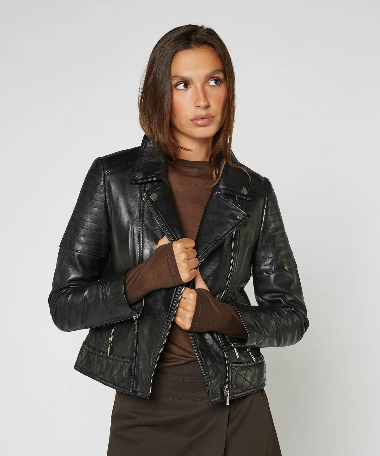 Rodier Chiodo pelle nera biker slim donna 38-46