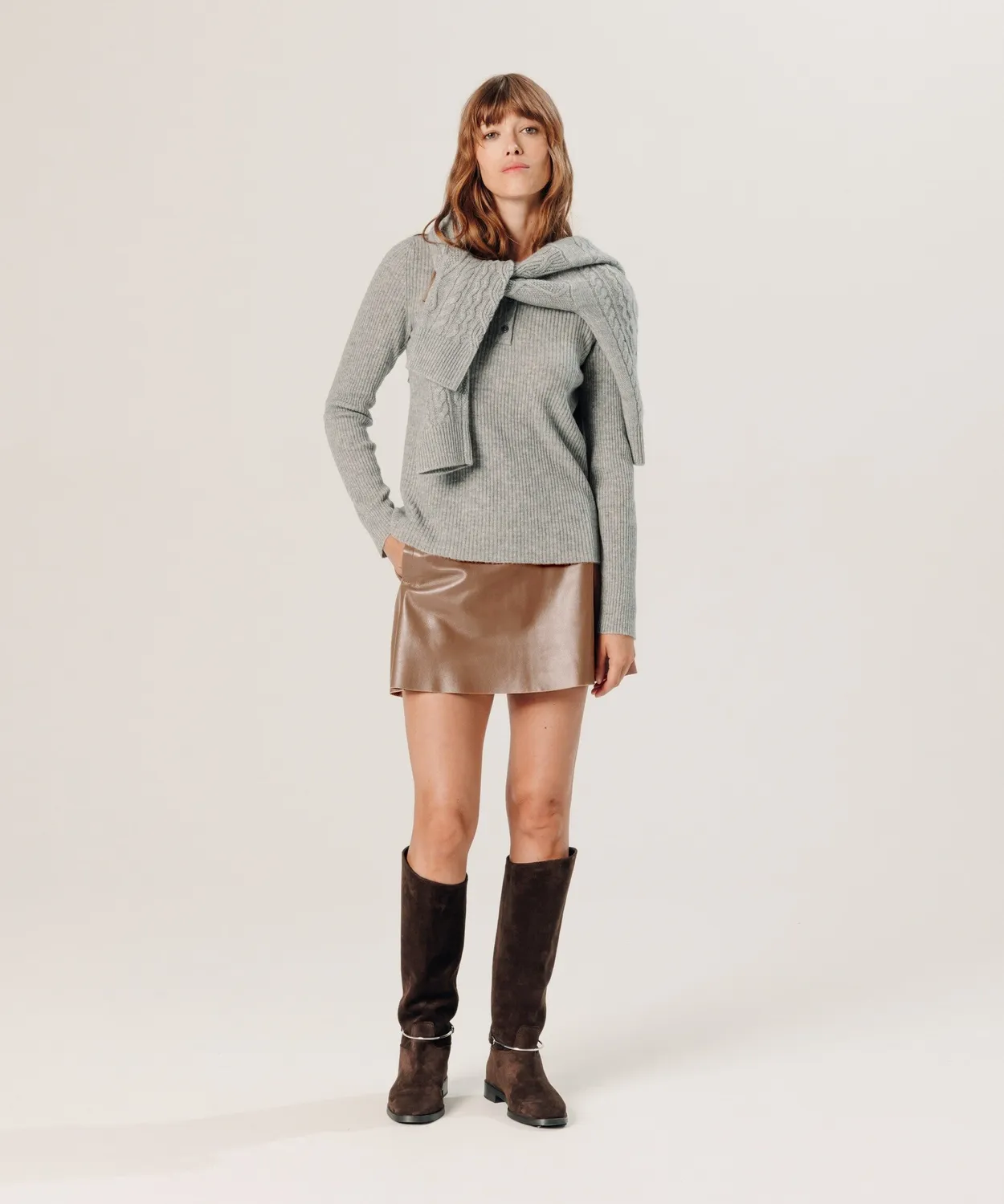 Rodier maglione cashmere collo tunisino grigio chiaro 2 fili