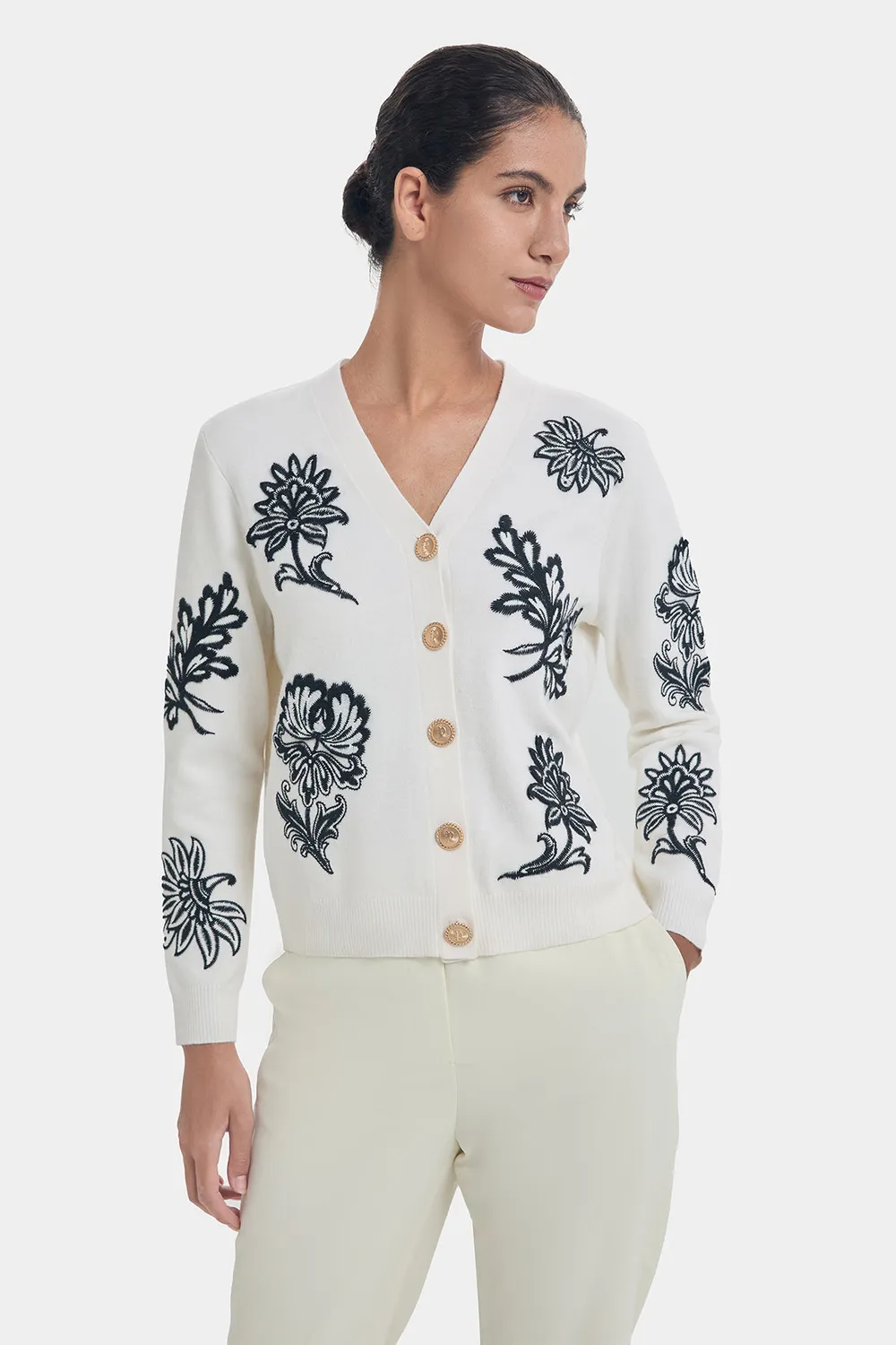 Ports Floral Embroidery cardigan lana bianco ricamo