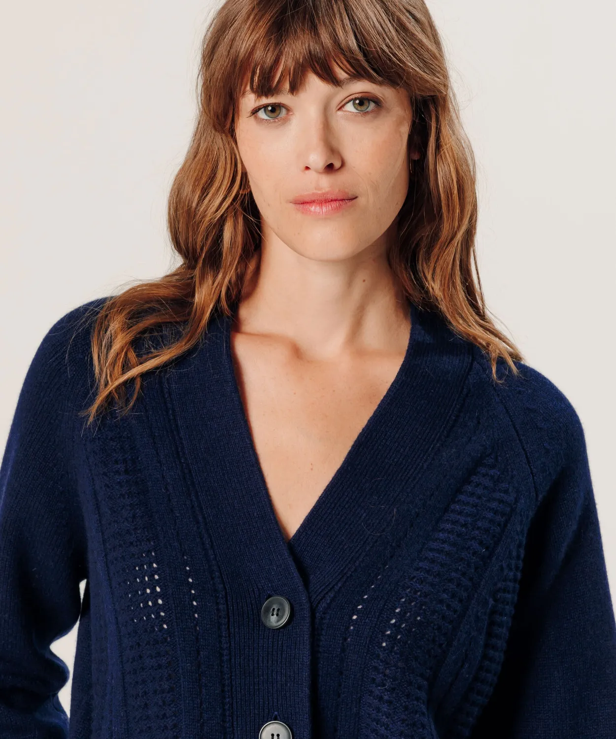 Rodier cardigan cashmere traforato scollo V blu navy