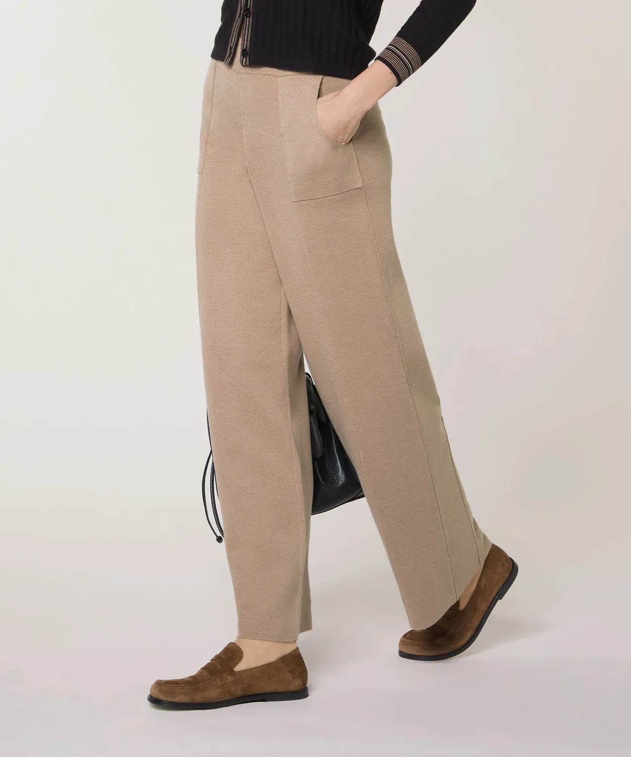 Rodier Pantaloni Larghi Maglia Marrone Moka Vita Elastica