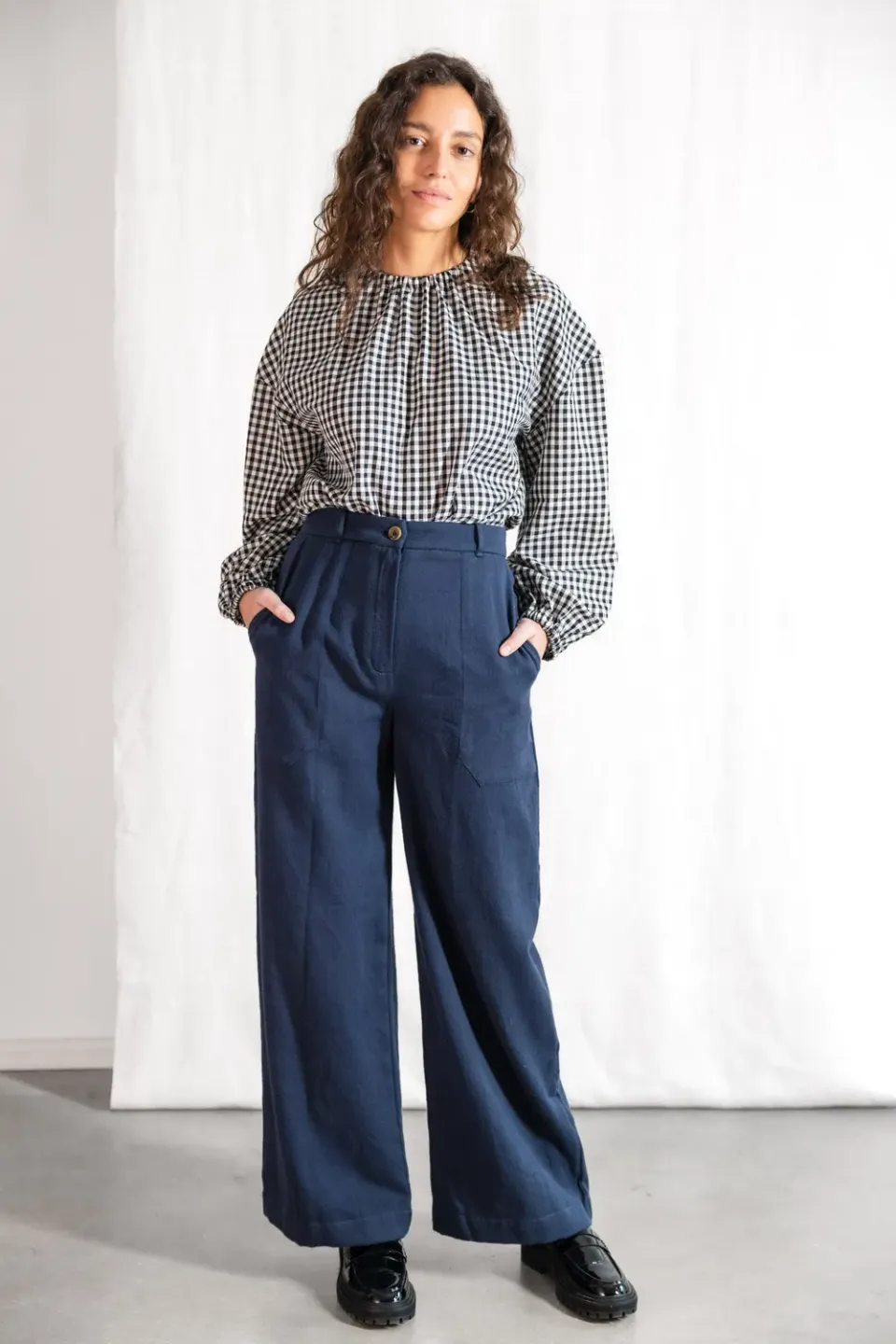 Jyoti Santosh pantaloni cotone flanella grigio azzurro