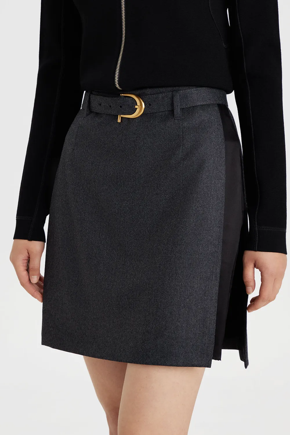 PORTS Belted Panelled gonna grigia lana cintura P