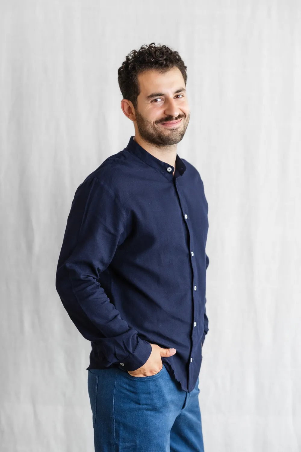 Jyoti Harish camicia cotone blu midnight uomo