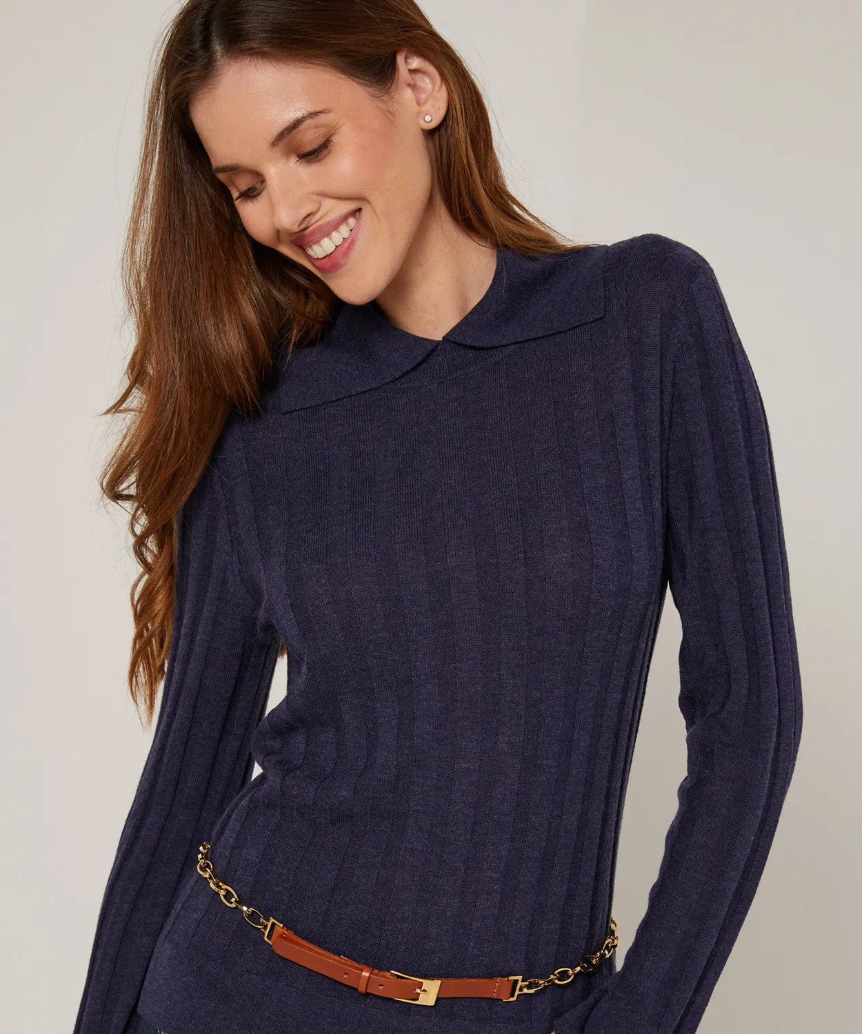 Rodier maglia coste polo blu denim aderente maniche lunghe