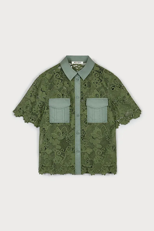 Ports 1961 Venetian Plaster Lace camicia verde militare pizzo