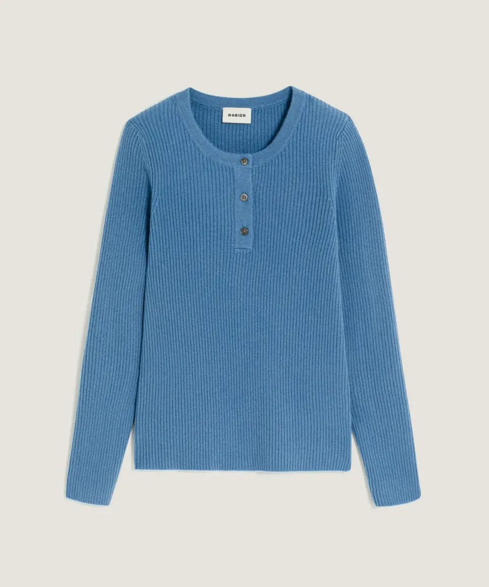 Rodier maglione cashmere collo tunisino blu azzurro