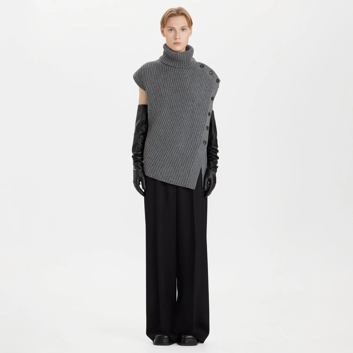Ports Ribbed Wool top grigio collo arrotolato lana