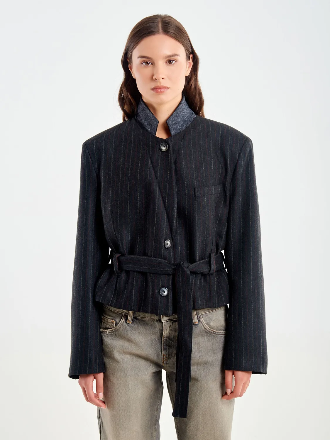Vicolo Blazer Corto Cintura Blazer Gessato Grigio L