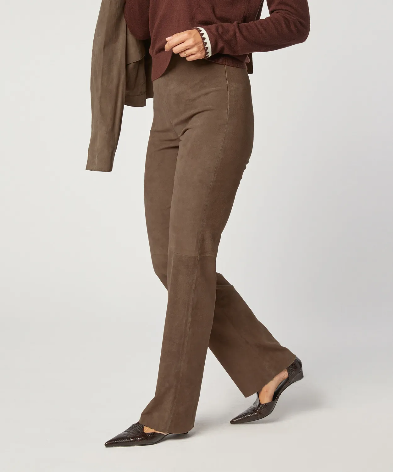 Rodier Pantaloni Dritti Pelle Scamosciata Marrone