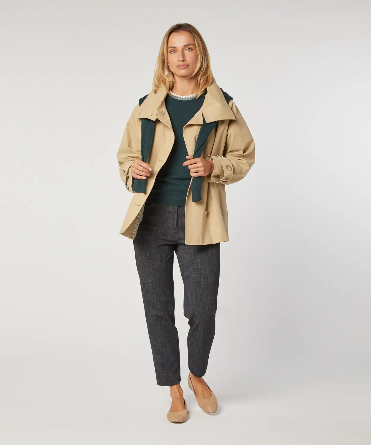 Rodier trench corto beige collo alto