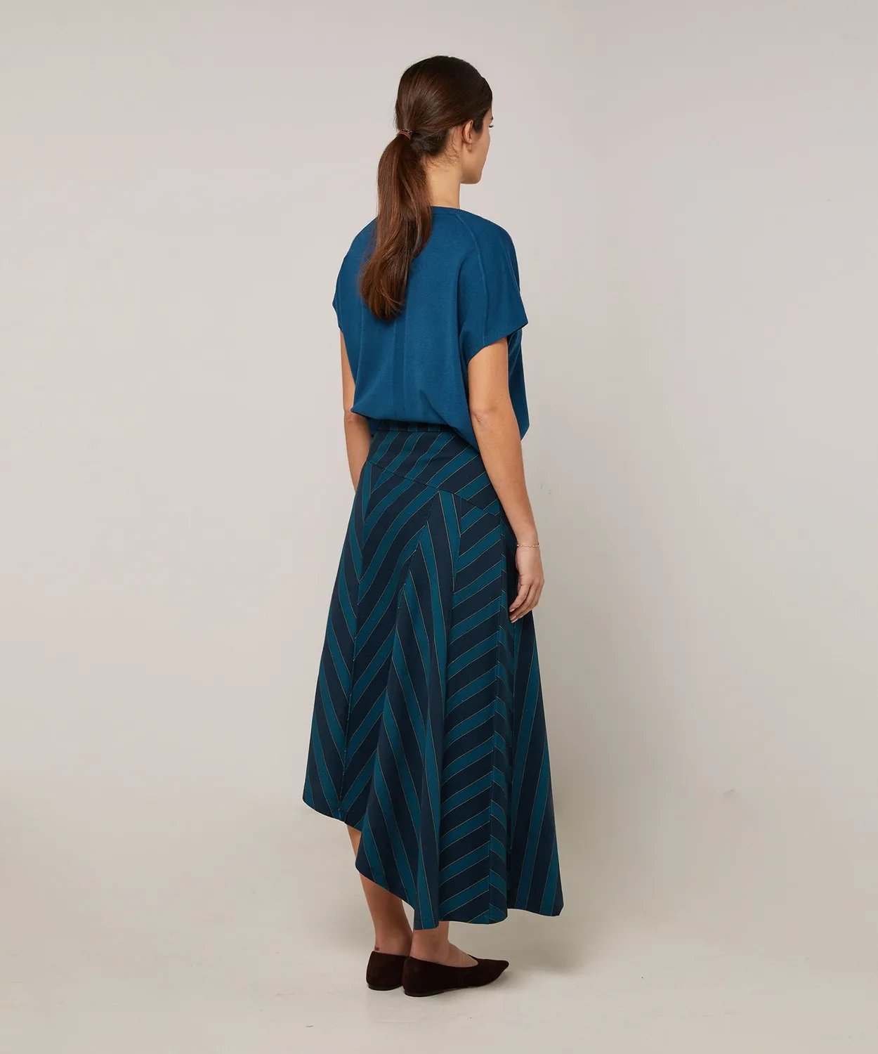 Rodier E26 gonna lunga asimmetrica blu pois