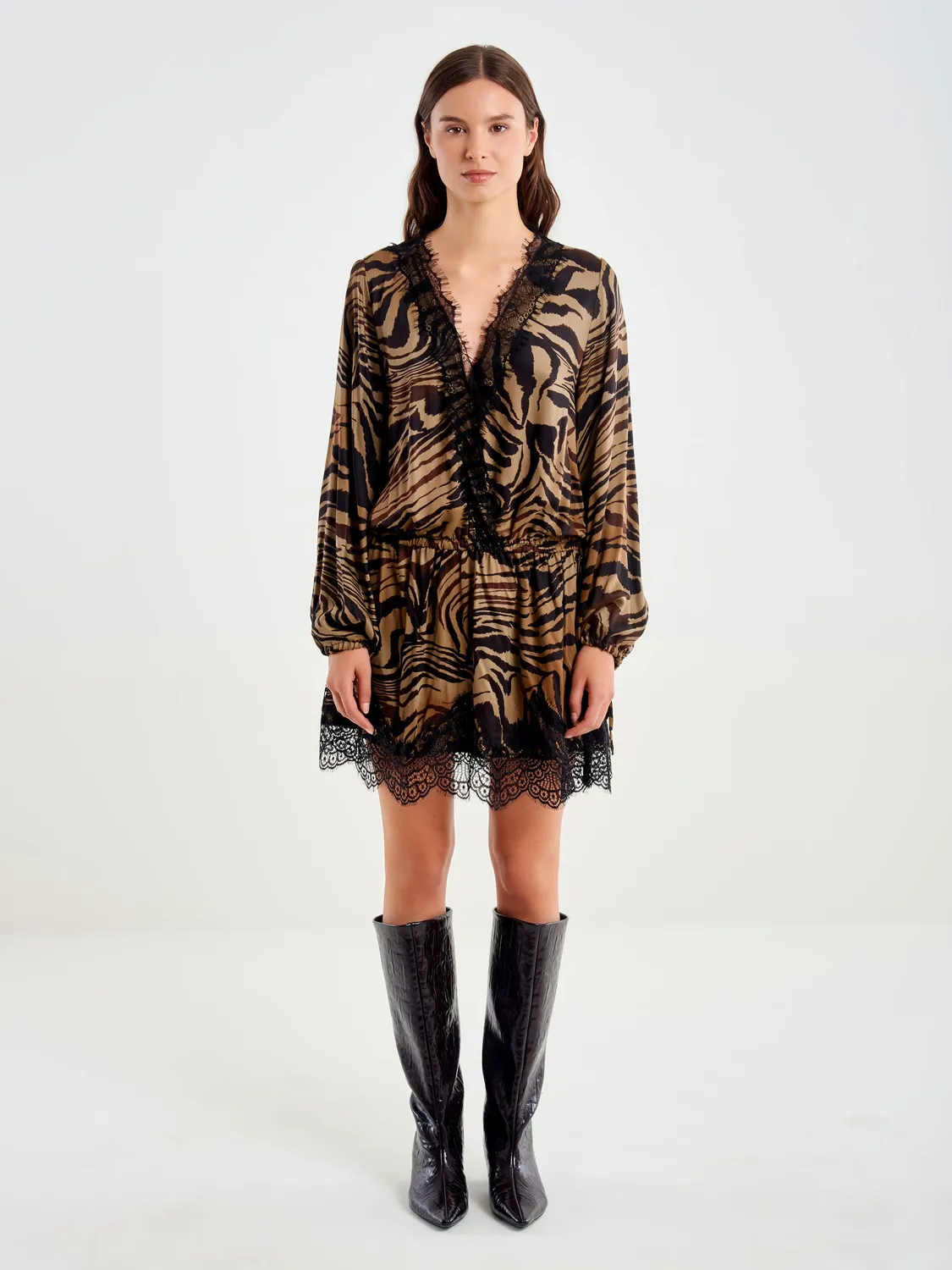 Vicolo Animalier Mini con Pizzo abito marrone raso