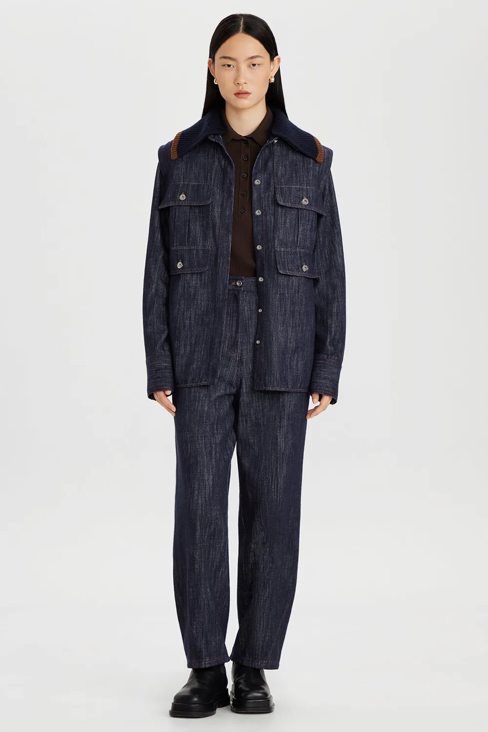 PORTS Utility camicia denim indaco collo contrasto