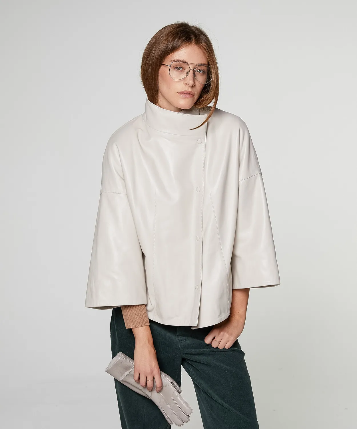 Rodier Giacca in Pelle Ecru Bomber Oversize Donna