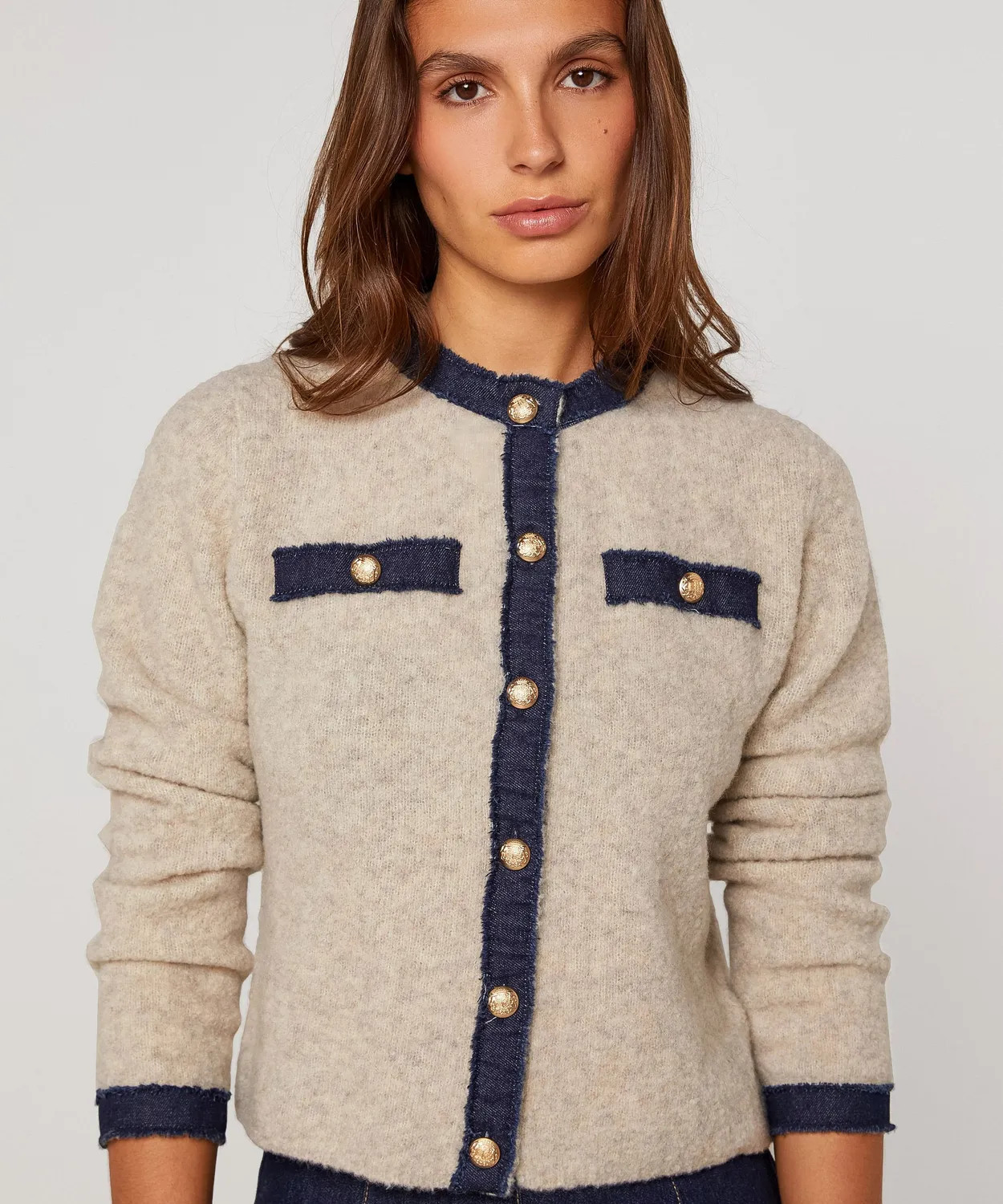 Rodier cardigan bimateriale lana donna beige melange