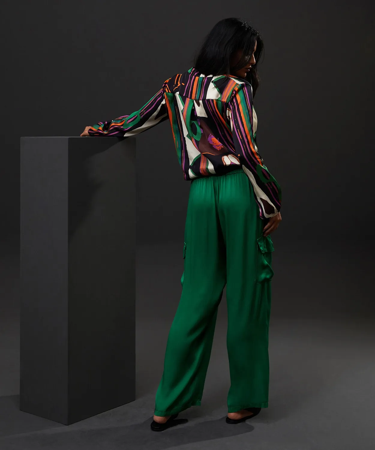 Rodier pantaloni cargo raso verde viscosa elasticizzati