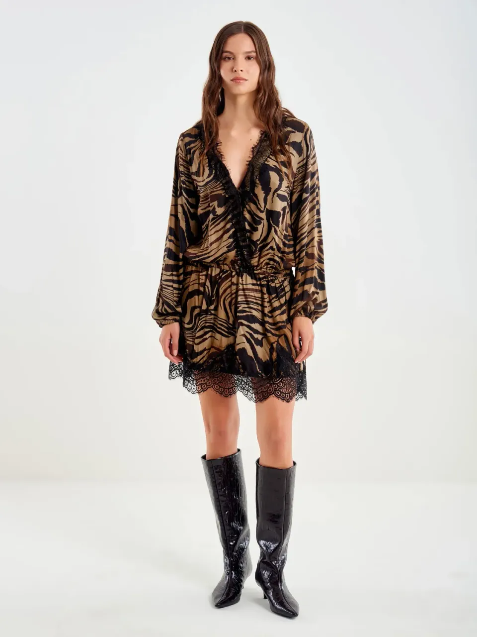Vicolo Animalier Mini con Pizzo abito marrone raso