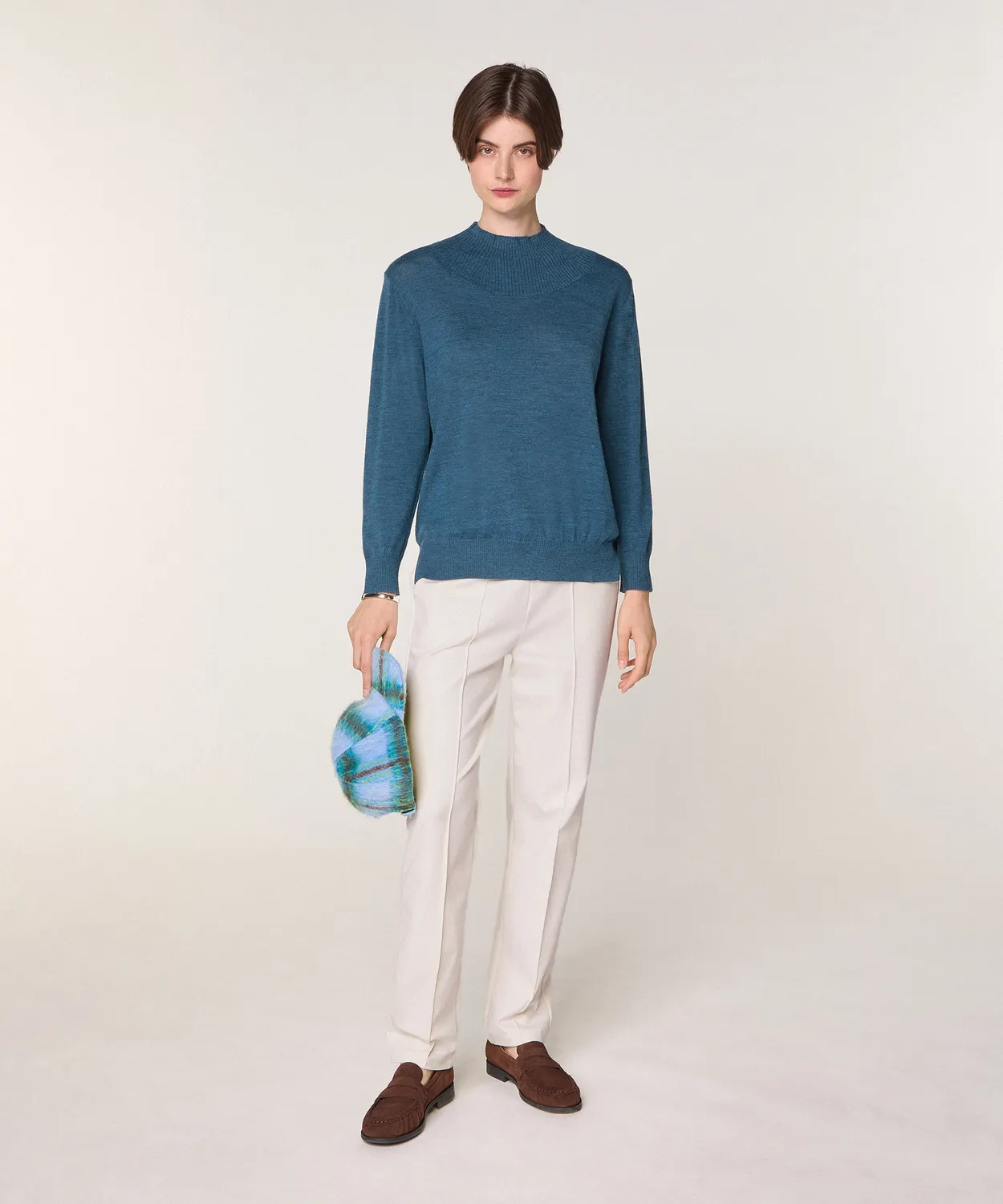 Rodier maglione collo alto donna lana merino blu denim