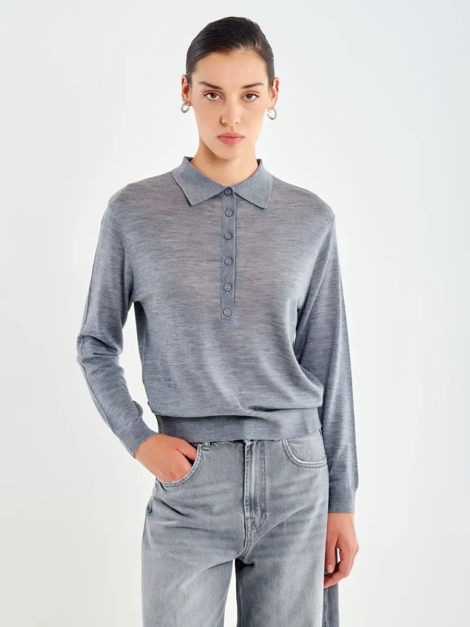 Vicolo Polo in Merinos polo lana maniche lunghe grigio
