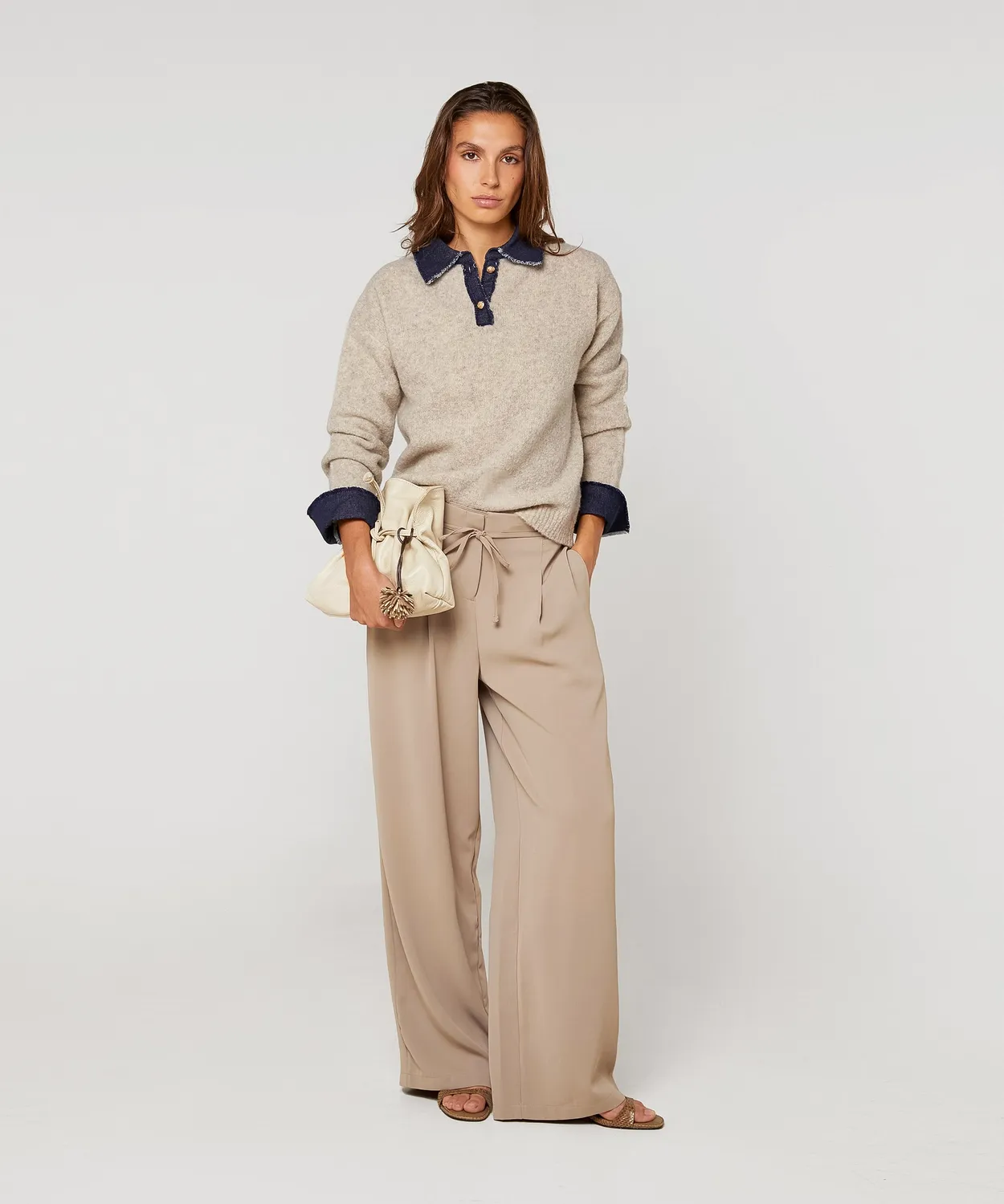 Rodier Maglione Polo Bimateriale Beige Melange
