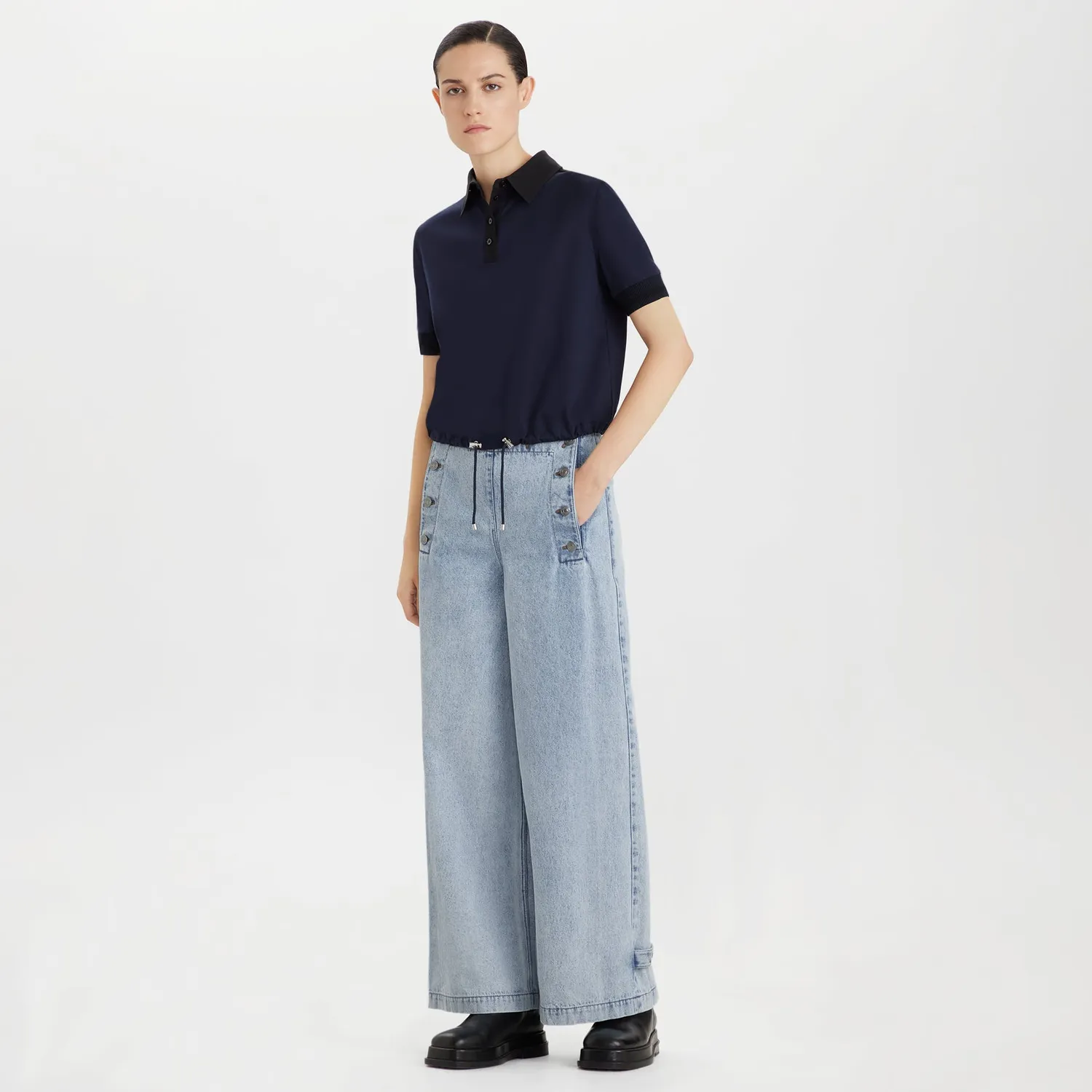 PORTS jeans larghi lavaggio chiaro vita alta cotone
