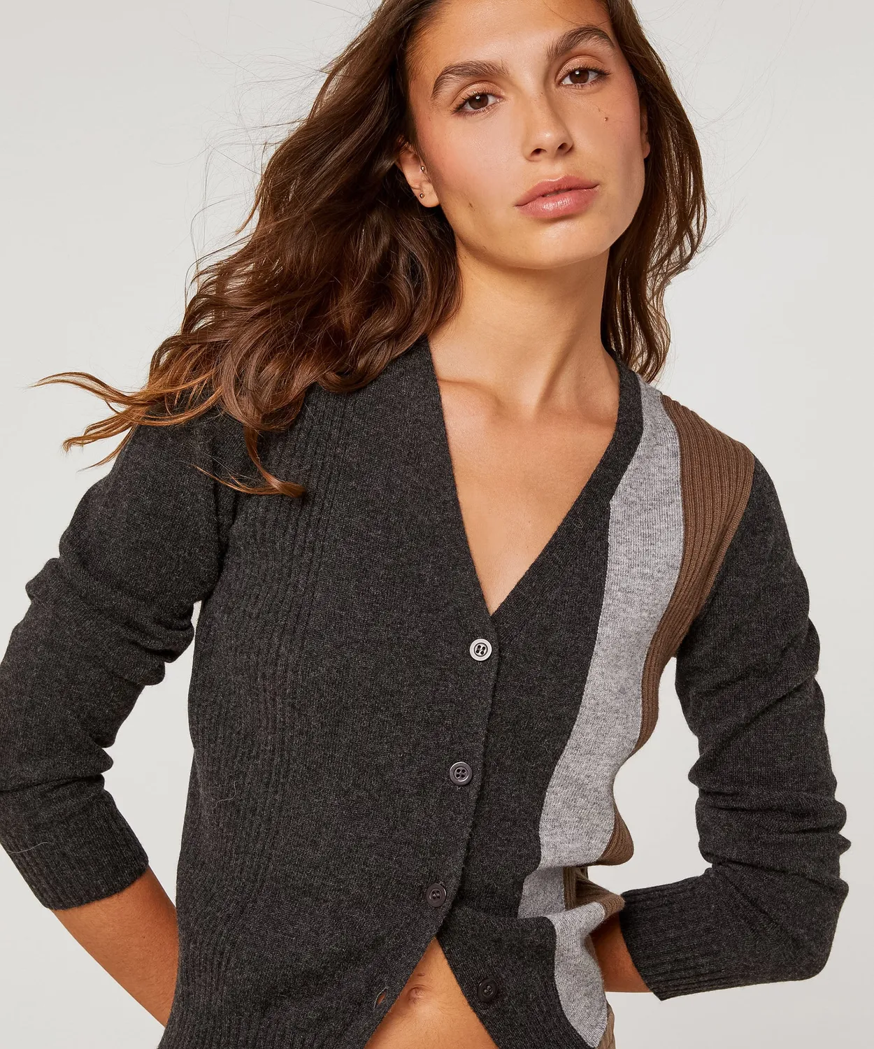 Rodier cardigan lana scollo a V antracite colorblock