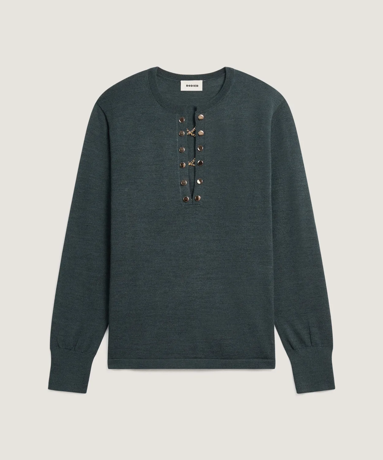 Rodier Maglione Tunisino Verde Grigio Lana Merino Oro