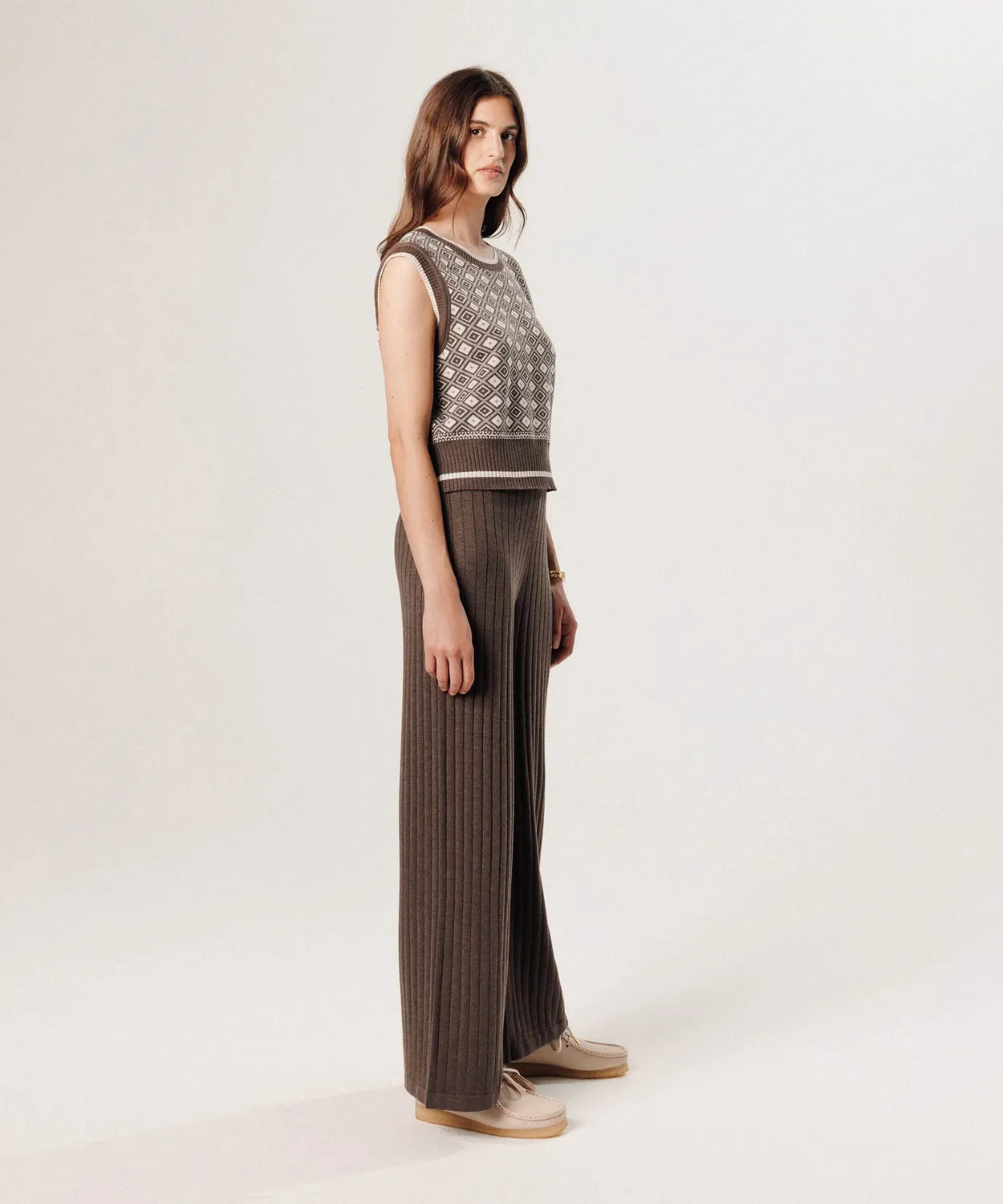 Rodier pantalone largo maglia havana brown a coste