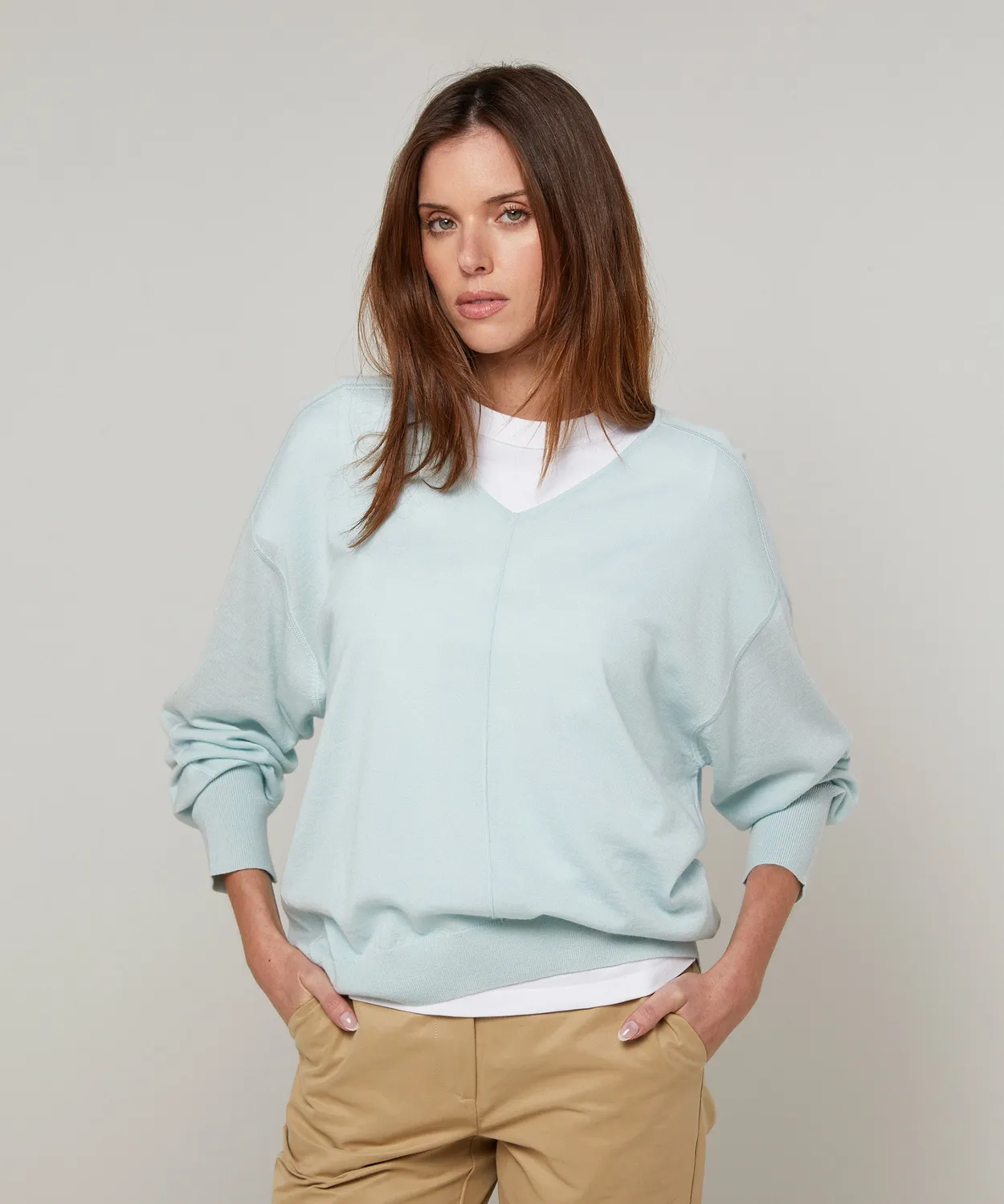 Rodier Maglione scollo V oversize lana azzurro turchese