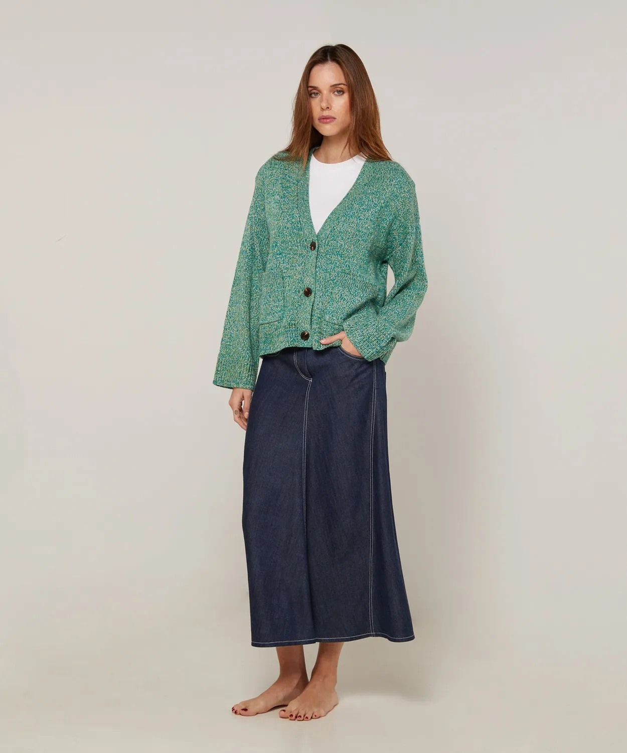 Rodier cardigan corto mélange verde scollo V