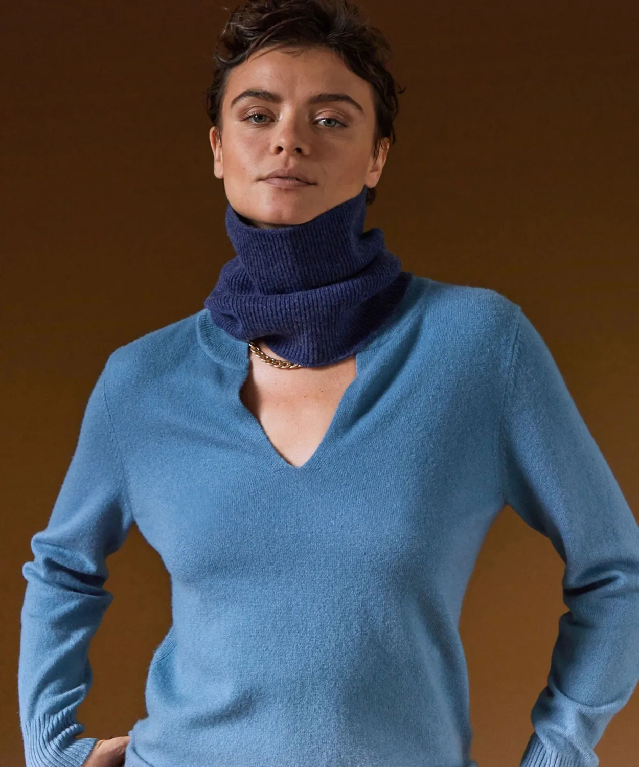 Rodier Maglione collo tunisino cashmere blu azzurro