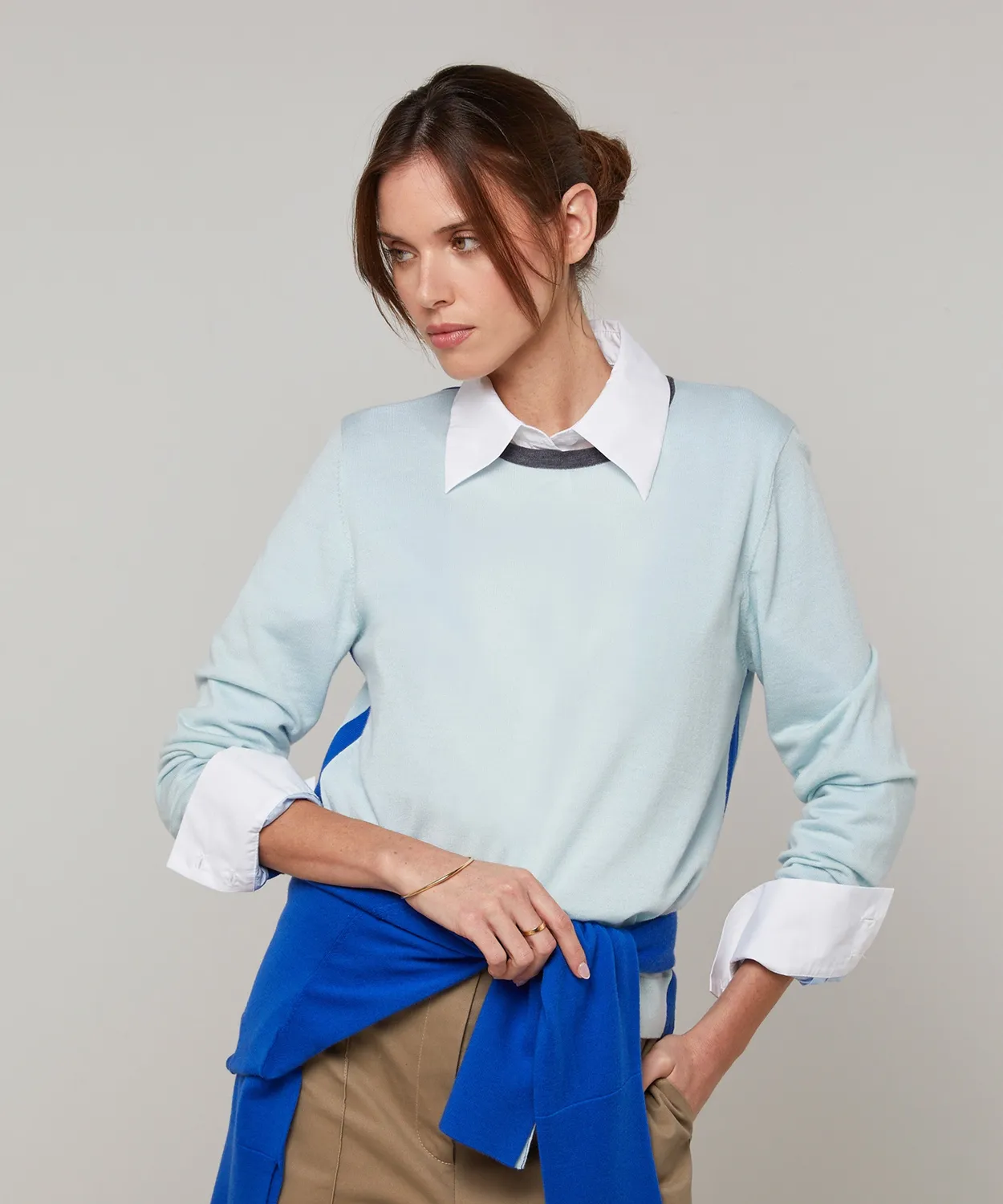 Rodier maglia tricolore girocollo lana merino turchese chiaro