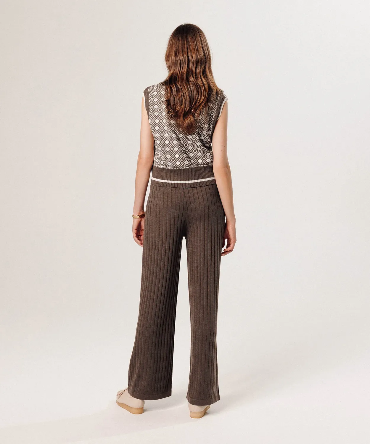 Rodier pantalone largo maglia havana brown a coste